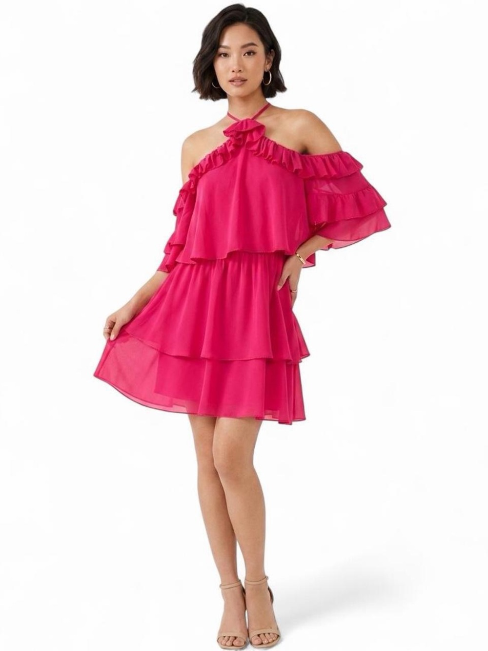 Parker Red One-Shoulder Tiered Ruffle Halter Mini Dress NWT
